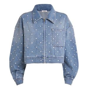 NWT Sandro Embellished Denim Jacket Pearl Crystal Studded‎ Blue Cropped Sz 4